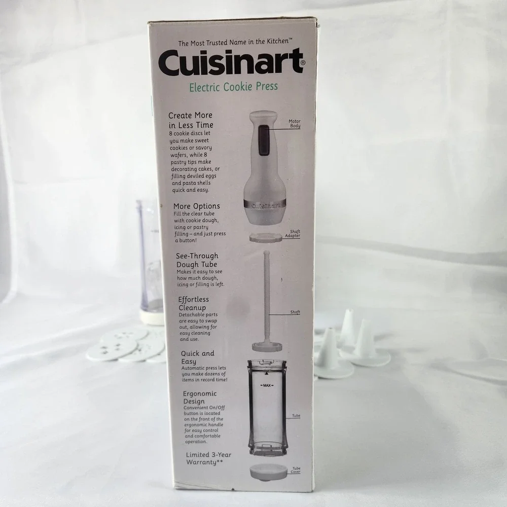 Cuisinart CCP-20 Electric Cookie Press White 8 Discs 8 Tips One-Touch Operation